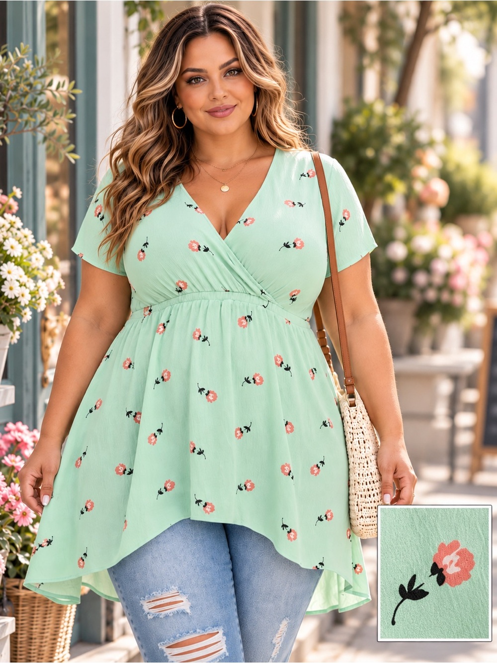 TORRID NEW Mint Green Floral Crinkle Gauze Surplice Babydoll Top Sz 1X 14/16
